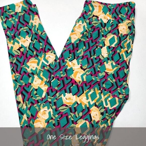 LuLaRoe OS Leggings Pink Green Trellis Lattice Yellow Roses NEW - Picture 1 of 1